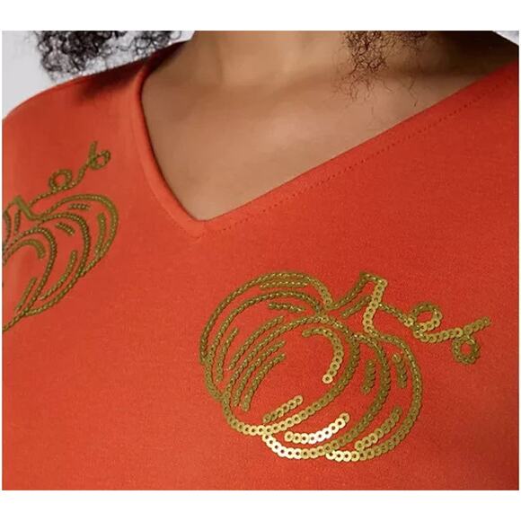 Quacker Factory Cute As A Pumpkin V-Neckline Top Burnt Orange XS A700179 - Picture 3 of 3